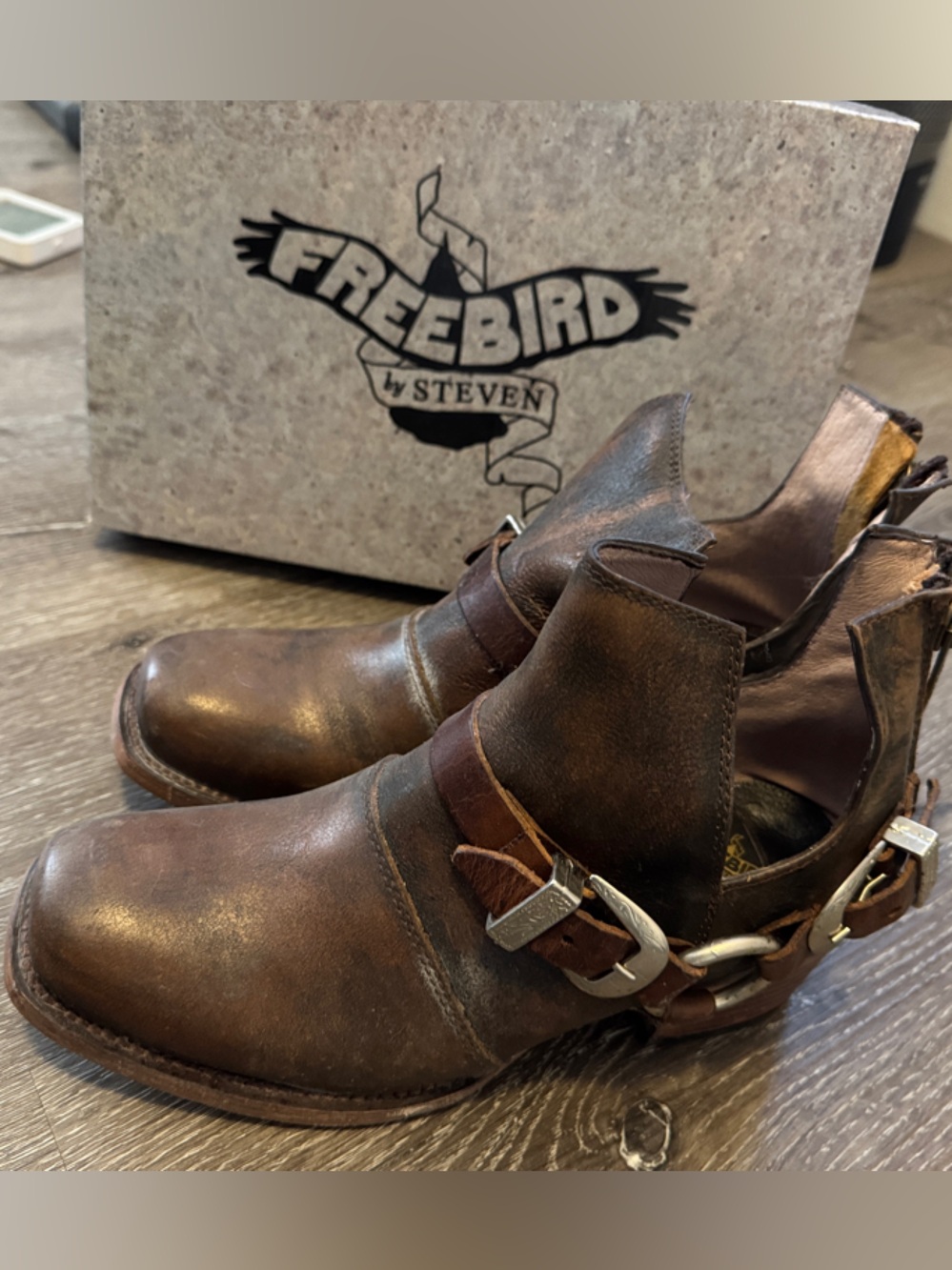 Freebird by Steven Distressed Brown Leather Harness Ankle Boots